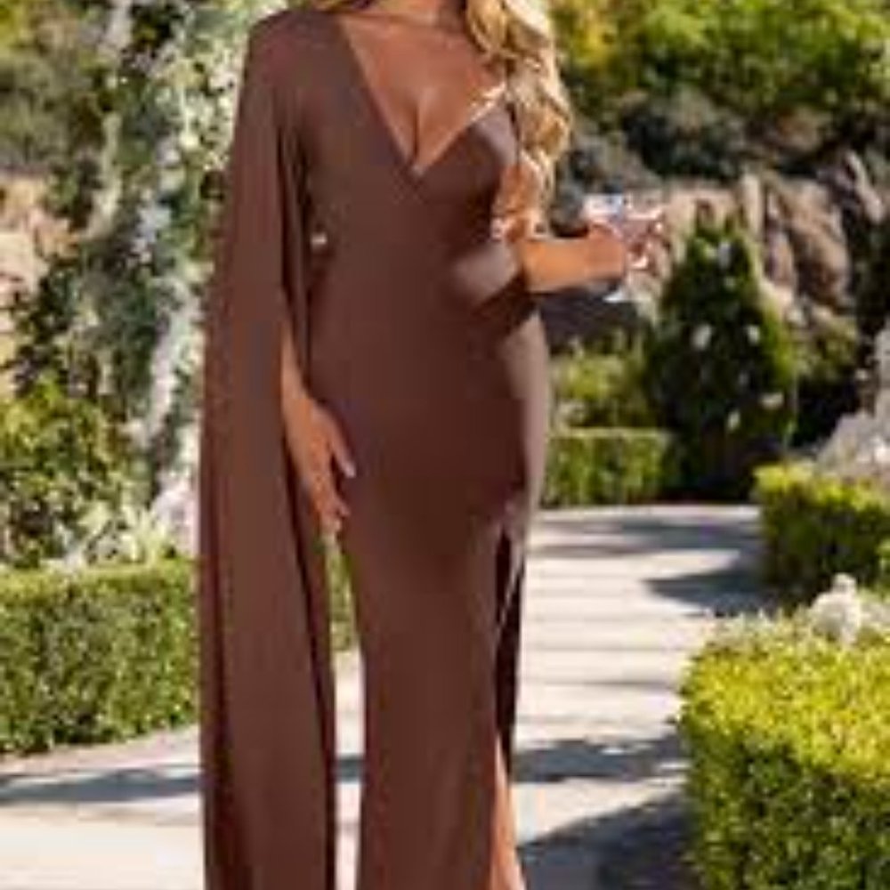 THE CROWN BROWN PLUNGE FRONT ONE SHOULDER MAXI DRESS